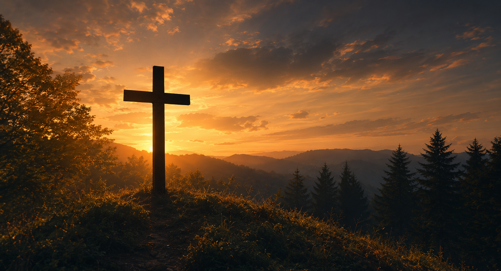 Cross overlooking the mountains at sunset