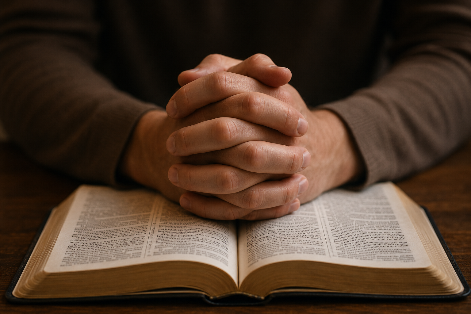 Hands folded in prayer over an open Bible